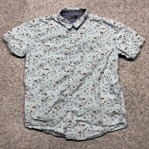 RF Brand Short Sleeve Button Up Shirt Mens XL Blue Camping Bear Print